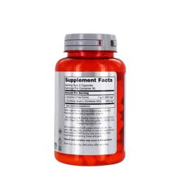 Orange bottle showing supplement facts and ingredients panel of Now L-Arginine 500mg L-Ornithine 250mg