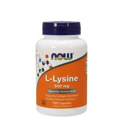 White and orange bottle of Now L-Lysine 500-mg Essential Amino Acid 100 caps