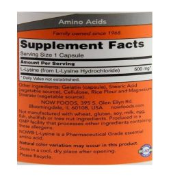 Supplement facts and ingredients panel of Now L-Lysine 500 mg 100 caps