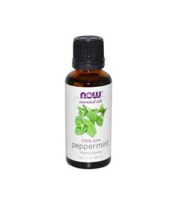 Brown and white bottle with Now essential oils 100% pure Peppermint Oil 30 ml