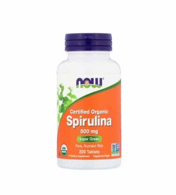 White and orange bottle with purple cap of Now Spirulina 500mg 200 tabs