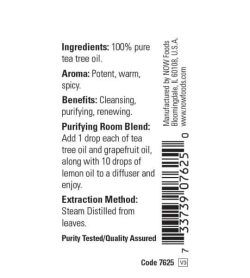 Ingredients and benefits panel of Now Tea Tree Oil 30 ml