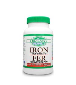 White bottle with green cap of Organika Iron HVP Chelate 45mg contains 90 tabs