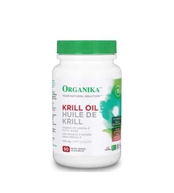 White bottle with green cap of Organika Krill Oil contains 90 Softgels shown in white background