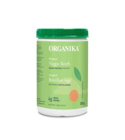 Green container of Organika Veggie Broth vegan friendly protein contains 300g