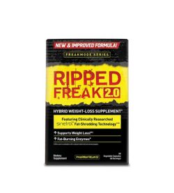 Black and yellow label of PharmaFreak Ripped Freak 2.0 Hybrid Weight-Loss Supplement 60-Caps