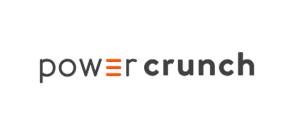 Logotipo de Power Crunch mostrado en fuente gris oscuro y 'E' representada como 3 líneas horizontales naranjas