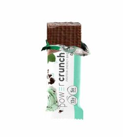 One Power Crunch Protein Energy Bar with its partially opened white and green package