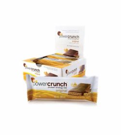 White and yellow box of Power Crunch Protein Energy Bar Original shown along with a pouch of bar outside