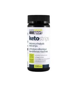 White and black container of Prarie Naturals Keto Strips ketone urinalysis test strips contains 100 Strips