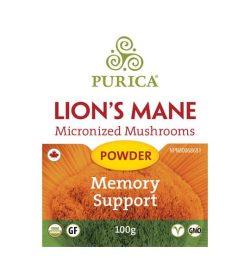 Orange and green label of Purica Lion's Mane Micronized Mushroom Powder Memory Support contains 100 g