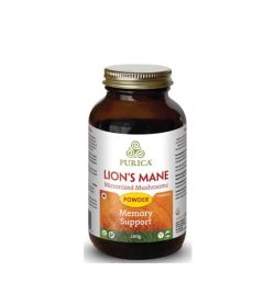 Brown bottle with gold cap of Purica Organic Lion's Mane Micronized Mushrooms Powder Memory Support contains 100 g