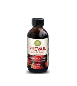 Brown bottle with black cap of Purica Prevail cold & fever maximum strength contains 30ml