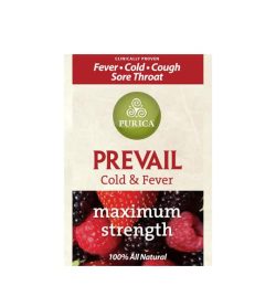 Yellow and red label of Purica Prevail cold & fever maximum strength 100% all natural