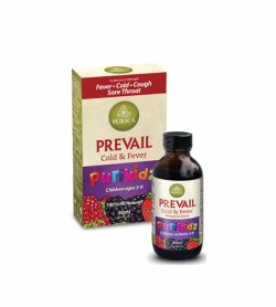 Green and red box shown with brown bottle of Purica Organic Prevail Cold & Fever Lion's Mane Purikidz