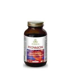 Brown bottle with gold cap of Purica Provascin Heart Health & Cardiovascular Support 120 Vegan Caps