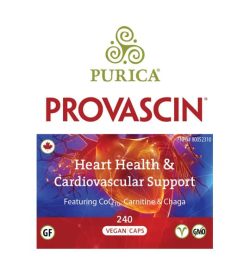 Blue and red front label of Purica Provascin Heart Health & Cardiovascular Support 240 Vegan Caps