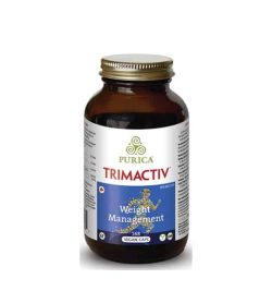 Brown bottle with gold cap of Purica Trimactiv Weight Management 168 Vegan Caps