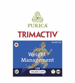 Blue and white front label of Purica Trimactiv Weight Management 168 Vegan Caps