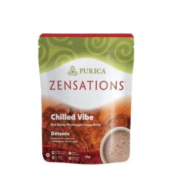 Green and brown package of Purica Zensations Chilled Vibe Red Reishi Mushroom Cacao Drink contains 150g