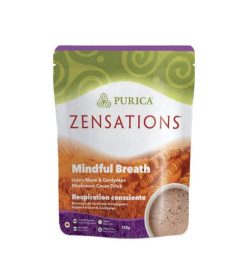 Green and Brown package of Purica Zensations Mindful Breath Lion's Mane & Cordycaps Mushroom Cacao Drink