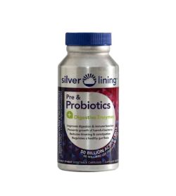Silver bottle with blue cap of Silver Lining Pre & Probiotics Digestive Enzymes contains 120 Caps
