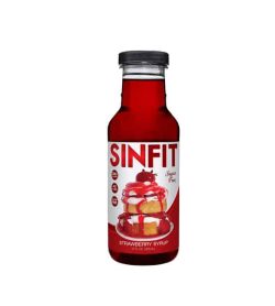 Red bottle of Sinfit Strawberry Syrup contains 12 oz shown in white background