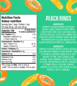A green and orange label of Smart Sweets Peach Rings facts ingredients
