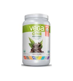 White and green container of Vega One Organic All-In-One Shake with chocolate flavour