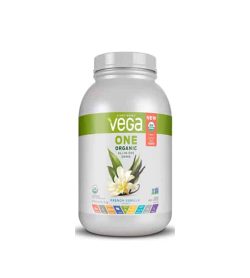 Silver bottle of Vega one organic all-in-one with french vanilla flavour shown in white background