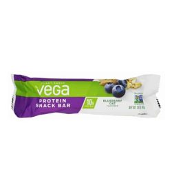 One purple and white pouch of Vega plant based protein snack bar with blueberry oat flavour