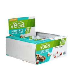 White and aqua box shown open of Vega plant based protein snack bar with coconut almond flavour contains 10g protein per serving