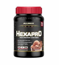 Black container with red cap of Allmax Hexapro high-protein lean meal with Chocolate flavour contains 2 lbs