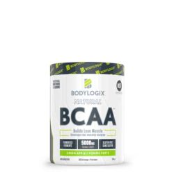 White and green container of Bodylogix Natural BCAA builds lean muscle with green apple flavour