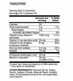 Nutrition Facts and Ingredients panel for Optimum Nutrition Immunity + Probiotic (Tangerine) serving size 2 gummies
