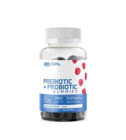 Clear bottle with white lid of Optimum Nutrition Prebiotic + Probiotic gummies with Blue Raspberry flavor white and blue label red dots blue raspberry