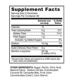 Supplement Facts and Ingredients panel of Optimum Nutrition Prebiotic + Probiotic gummies serving size 2 gummies