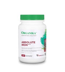 White bottle with green lid of Organika Your Natural Solution Absolute Iron 120 capsules for red blood cells