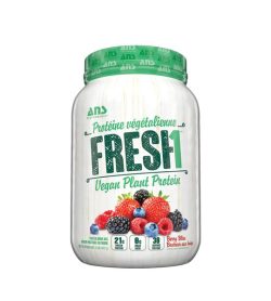 White and green container of ANS Fresh1 Vegan Plant Protein with berry bliss flavour and 21g protein per serving
