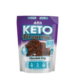 Purple and white bag of Keto Brownie Mix with Chocolate Chip flavour shown in white background