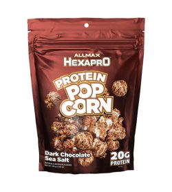 One brown pouch of Allmax Hexapro Popcorn 110g Dark Chocolate Sea Salt NATURAL & ARTIFICIAL FLAVORS 20G PROTEIN