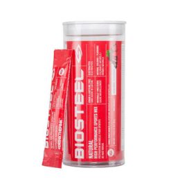 A red container shown with a pouch of BIOSTEEL Sports Hydration Mix Tube Mixed Berry