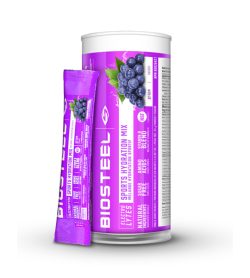 A purple container with a pouch of BIOSTEEL Sports Hydration Mix Tube grape