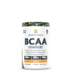 White and green container of Bodylogix BCAA complex with orange flavour shown in white background