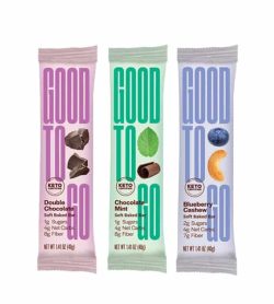 3 pouchs of Good to Go Blueberry Cashew, Double Chocolate, and, Chocolate Mint Soft Baked Bar contains 2g sugars, 4g net carbs, and, 7g fiber
