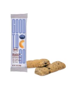 One pouch of Good to Go Blueberry Cashew Soft Baked Bar contains 2g sugars, 4g net carbs, and, 7g fiber
