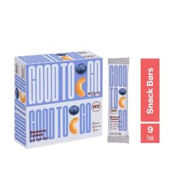 Blue box of Good To Go Blueberry Cashew snack bars shown along with a pouch of 9 pack