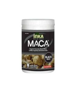 Inka MACA Organic Peruvian Balck Maca (124g) in a black and white bottle