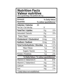 Nutrition facts panel of Inka MACA for a serving size of 5g contains total 124g