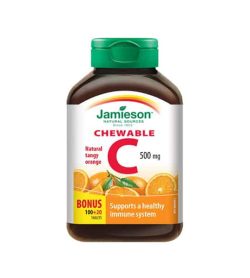 Brown bottle with green cap of Jamieson Vitamin-C Chewable 500mg 100-tabs has bonus 20 tablets with natural tangy orange flavour